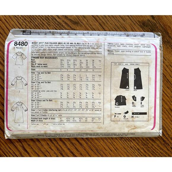 UNCUT Vintage 1970s Simplicity 8480 Sewing Pattern Size Small 12 Dress Top Belt - Picture 2 of 2